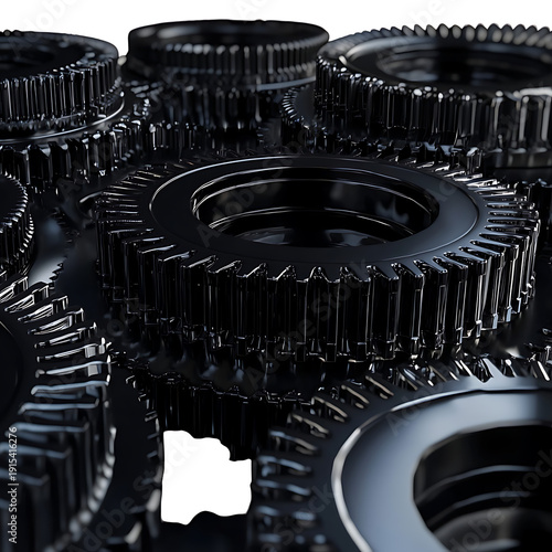 Black metallic gears interlocking with precision engineering