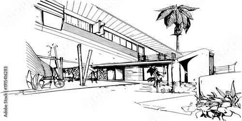 A detailed illustration of a large construction crane in operation. Vector