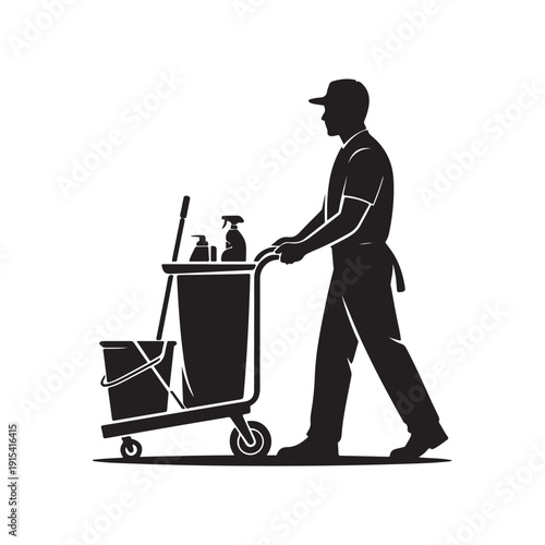 Janitor pushing cleaning cart with supplies, silhouette icon for professional cleaning service