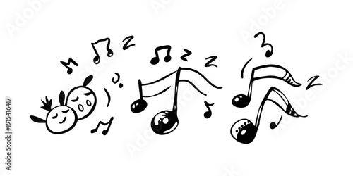 Musical notes and instruments dancing together in a lively composition Vector
