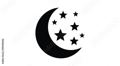 A striking black design showcases a crescent moon and scattered stars creating a dreamy nightscape silhouette high quality