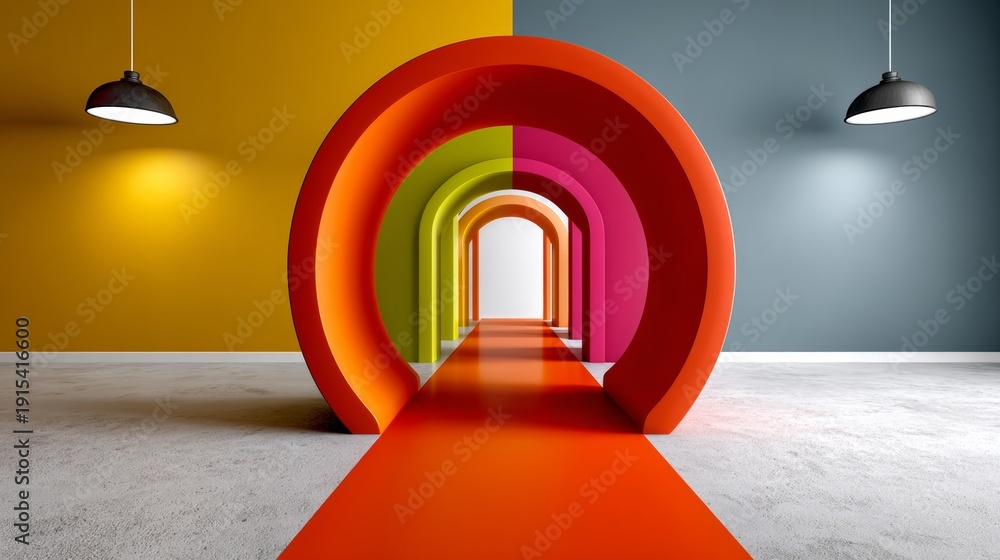 Fototapeta premium A colorful archway with a red carpet leading to a room. The archway is made of different colored blocks and the carpet is red. The room is bright and colorful, giving off a cheerful and welcoming vibe