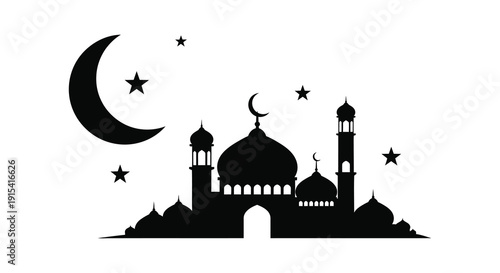 A striking depiction of an islamic mosque and crescent moon against a starry night sky a striking silhouette