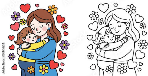 Loving Mother and Child Embracing with Hearts and Flowers