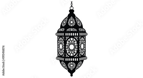 An intricately designed black lantern hangs suspended showcasing detailed patterns and a striking silhouette high quality professional modern
