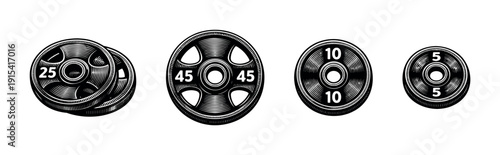 Weight plate vector icons set: flat gym equipment, fitness, workout essentials