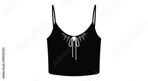 A striking black camisole top with delicate white lace detailing is presented as a bold silhouette high quality