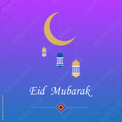 Eid Mubarak Greeting Card with Golden Crescent Moon and Hanging Lanterns