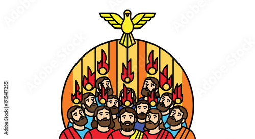 Biblical illustration of Pentecost with disciples looking up at a golden dove and tongues of fire above their heads.
