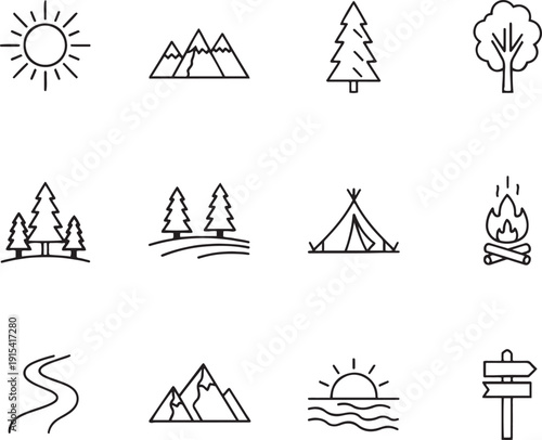 Collection of black line depicting outdoor nature and camping scenes landscape wilderness journey direction weather