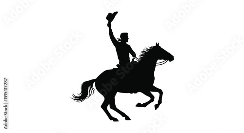 A dynamic black silhouette depicts a cowboy raising his hat while riding a rearing horse showcasing western culture silhouette
