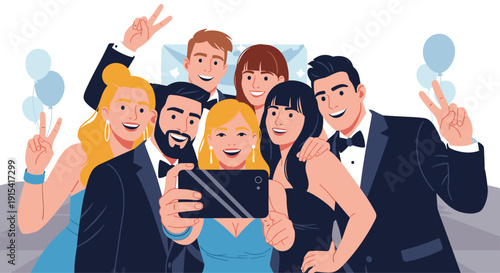 Diverse group of six formally dressed young adults taking a cheerful selfie with a smartphone, gesturing peace signs at a party.