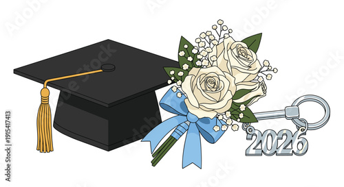 A black graduation cap with a gold tassel is arranged with a white rose bouquet and a 2026 keychain.