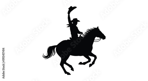 A striking black silhouette depicts a cowboy exuberantly riding a rearing horse arms raised in celebration silhouette