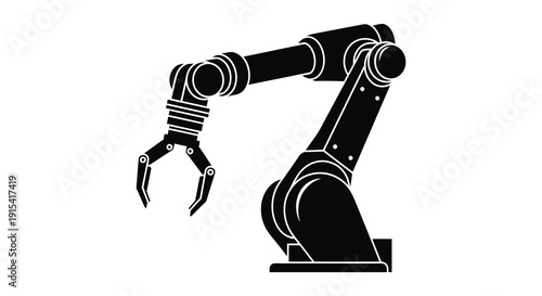 A stark black silhouette of an industrial robotic arm with a gripper poised for automated tasks silhouette