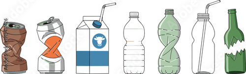 Plastic Waste and Recycling Vector Illustration Set with Crushed Bottles, Cans, Carton and Reusable Drinking Containers Concept