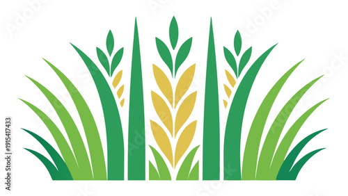 Abstract geometric vector icon featuring vibrant green grass and golden wheat stalks, symbolizing sustainable agriculture, nature's bounty, and organic farming principles