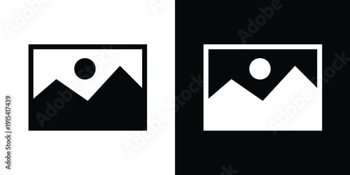 Modern image gallery vector icon. Black and white landscape symbols with mountain and sun. Clean minimalist graphic for photo albums, multimedia, and creative portfolio web design assets.