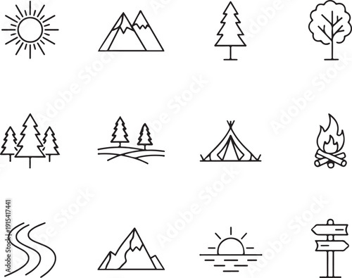 Collection of simple black line representing nature and outdoor activities sun mountain tree forest camping campfire river signpost nature outdoor travel adventure camping equipment
