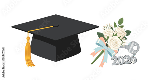 A black graduation cap with a golden tassel is placed next to a white rose bouquet with a 2026 keychain.