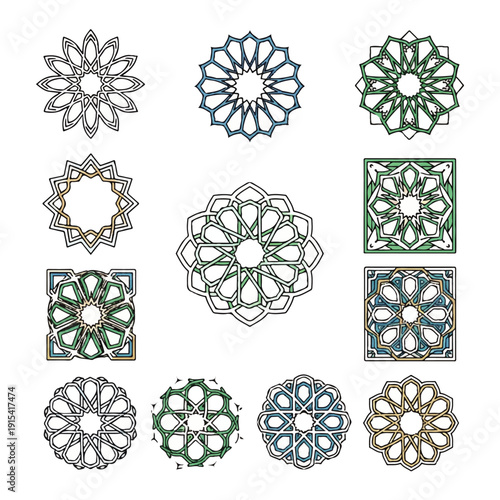 Diverse collection of elegant Islamic geometric patterns, showcasing intricate symmetrical designs and traditional ornamental motifs, embodying cultural artistry and spiritual aesthetics