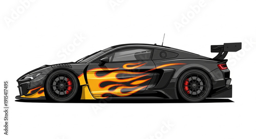 Black Sports Car with Flame Design.
