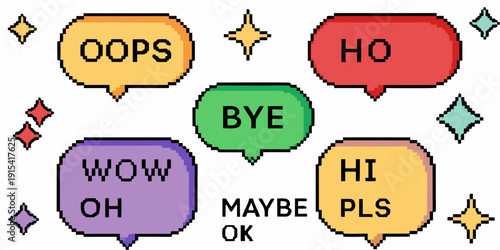 Colorful speech bubbles display various interjections and simple greetings