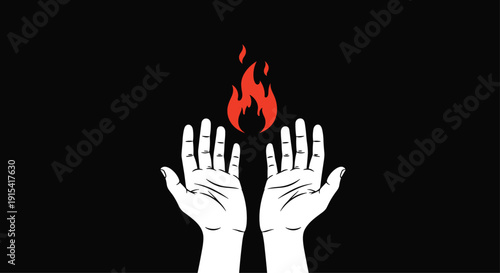 White cupped hands are positioned below a red flame symbol on a dark black background.