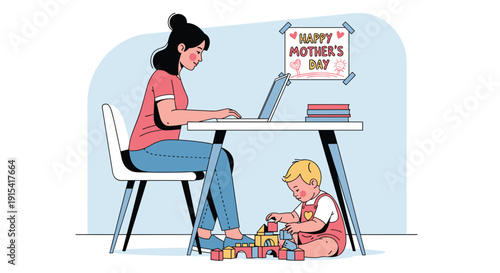 A mother works on her laptop at a desk while her baby plays with colorful blocks on the floor.