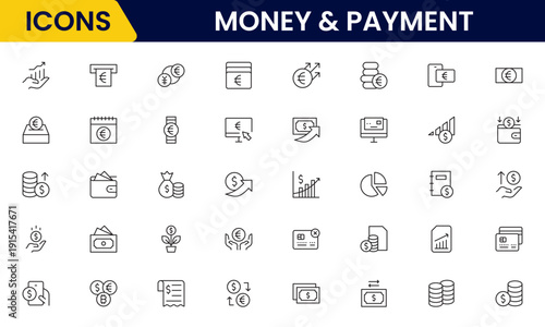 Money and payment are simple, minimal, thin line icons. Related money, credit card, atm, purchase, bill. Vector illustration.