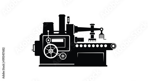 A detailed black and white illustration of a vintage steam engine showcasing industrial design in silhouette high quality