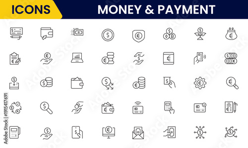 Money and payment are simple, minimal, thin line icons. Related money, credit card, atm, purchase, bill. Vector illustration.