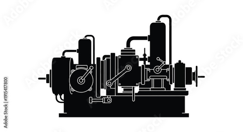 A detailed black and white illustration depicts industrial machinery showcasing complex mechanical components as a silhouette high quality