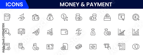 Money and payment are simple, minimal, thin line icons. Related money, credit card, atm, purchase, bill. Vector illustration.