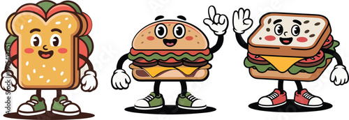 Cartoon illustration of a taco hamburger and sandwich characters with cheerful expressions high quality professional detailed