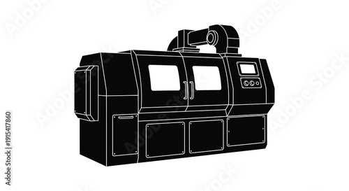 A stark black outline depicts a modern industrial machine highlighting its complex structure as a silhouette high quality