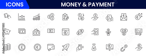 Money and payment are simple, minimal, thin line icons. Related money, credit card, atm, purchase, bill. Vector illustration.