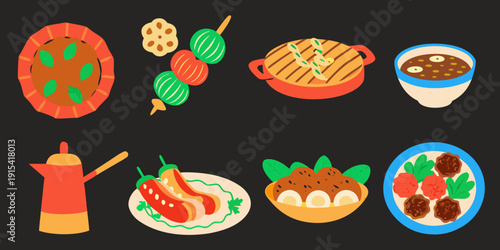 Colorful illustration of various japanese food dishes and a teapot