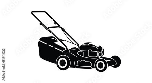 A stark black silhouette depicts a classic push lawn mower highlighting its functional design silhouette high quality professional