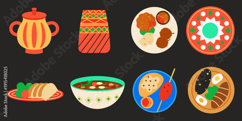 Colorful flat lay illustration featuring various international foods and dishes