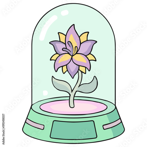 Kawaii Smart Greenhouse Glass Dome with Exotic Flower - Solarpunk Gardening Tech Vector