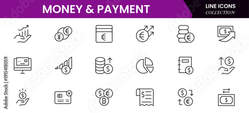 Money and payment are simple, minimal, thin line icons. Related money, credit card, atm, purchase, bill. Vector illustration.