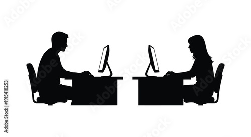A stark depiction of two individuals seated at desks facing each other working on computers silhouette high quality