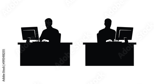 Two individuals are depicted working at desks with computers creating a stark contrast with the white background silhouette