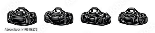 Duffle bag flat vector icons set. gym and travel duffel bags. black and white design collection