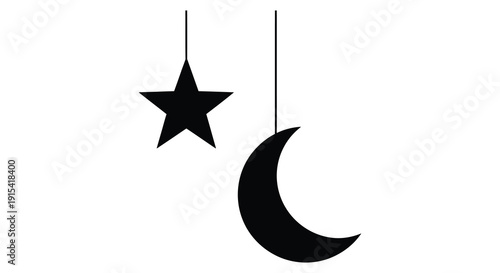 A simple minimalist composition featuring a star and crescent moon presented as a striking silhouette high quality professional
