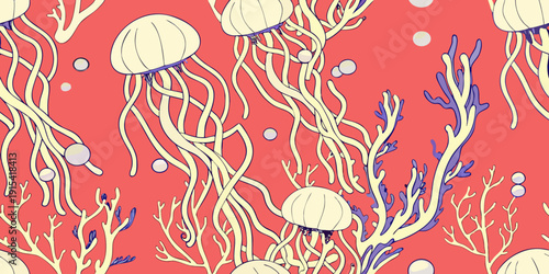 A repeating pattern of jellyfish coral and bubbles on a red background