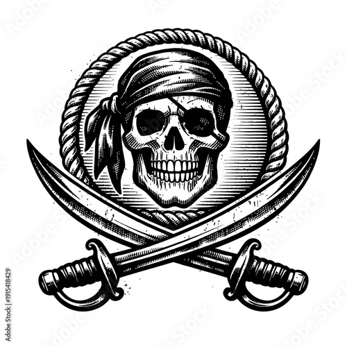 Vintage Pirate Skull Emblem with Crossed Sabers and Eye Patch, Nautical Rope Frame. Classic Swashbuckler Design for Adventure, Treasure Hunt, and Maritime Themes. High-Quality Vector Art for Apparel,