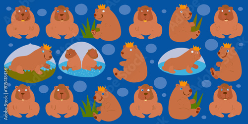 Cute cartoon capybaras with crowns and bubbles in a repeating pattern