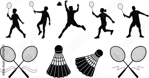Badminton Players Silhouettes with Rackets and Shuttlecocks on White Background